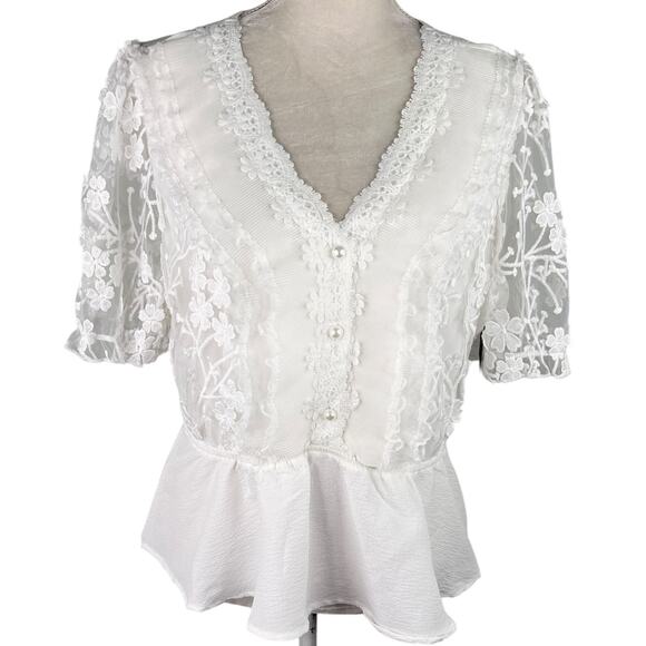 Alice Blue Lace Peplum V-Neck Blouse White XL New - Picture 1 of 13